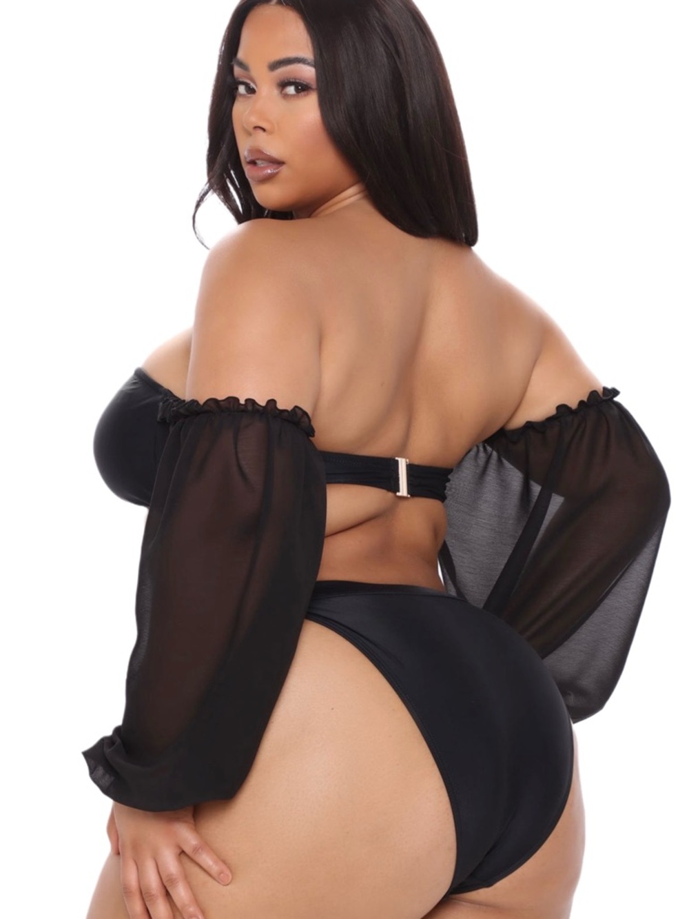 Fashion Nova Black Two-Piece Ring Front Bikini with Sheer Puff Sleeves - Picture 2 of 2